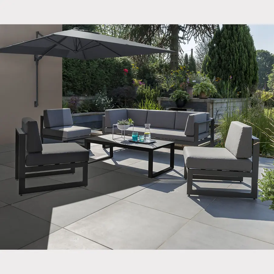 Kettler taupe 2.5m wall-mounted free arm cantilever parasol for outdoor shade and patio furniture.