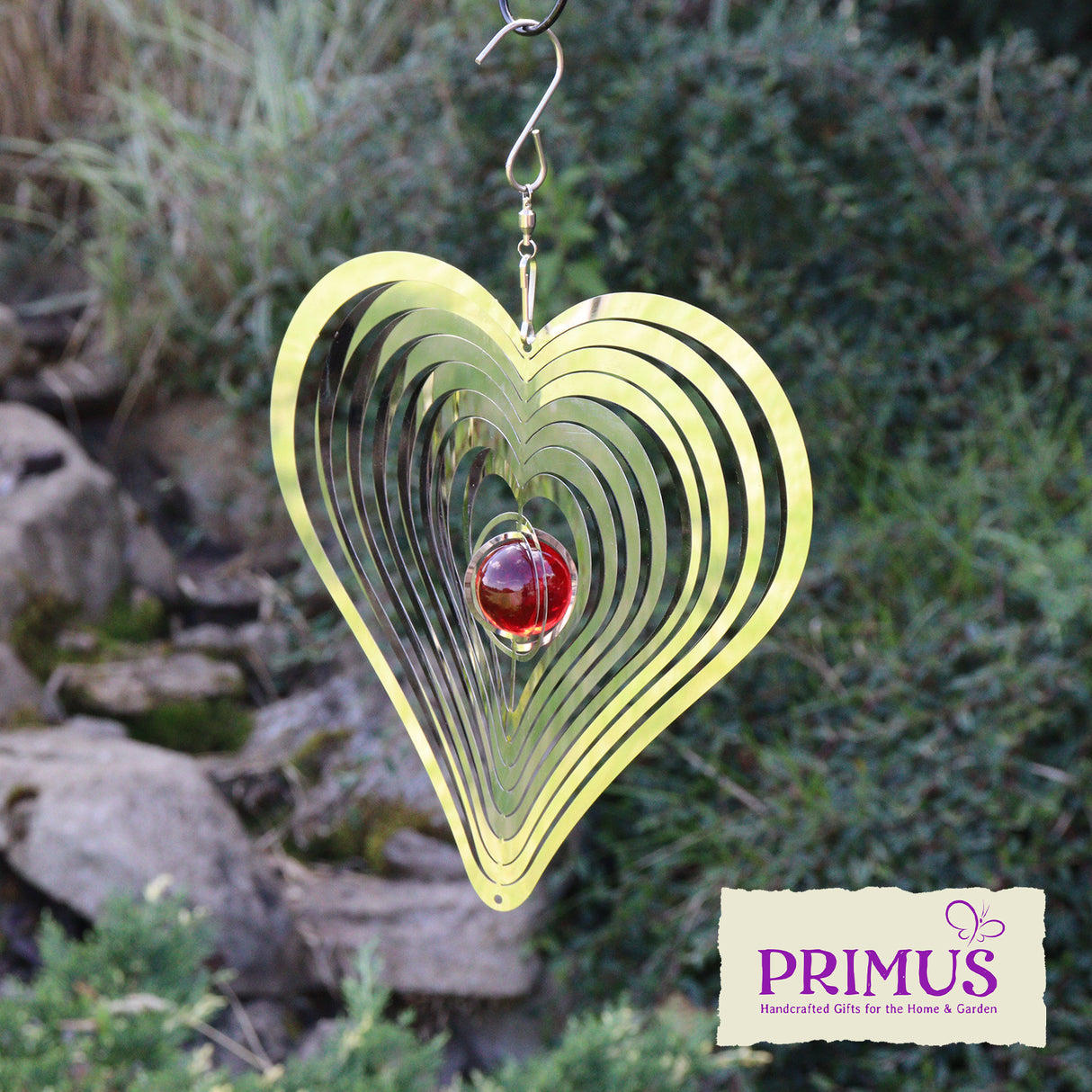 Love Heart Stainless Steel Hanging Wind Spinner – Elegant Garden & Patio Decor with Soothing Motion by Primus - Mill Race Garden Centre