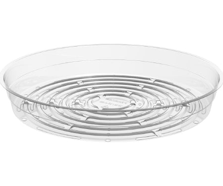 Clear 14-inch PET plant saucer by Panacea Products Ltd, designed for gardening to catch excess water from potted plants.