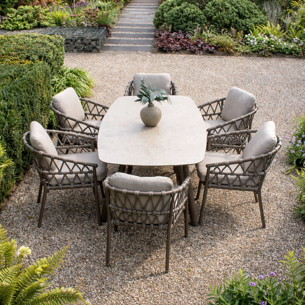 4 Seasons Outdoor Piacenza 6-seat metal dining set with Manolo 180cm ceramic top table and Terre finish, outdoor furniture.