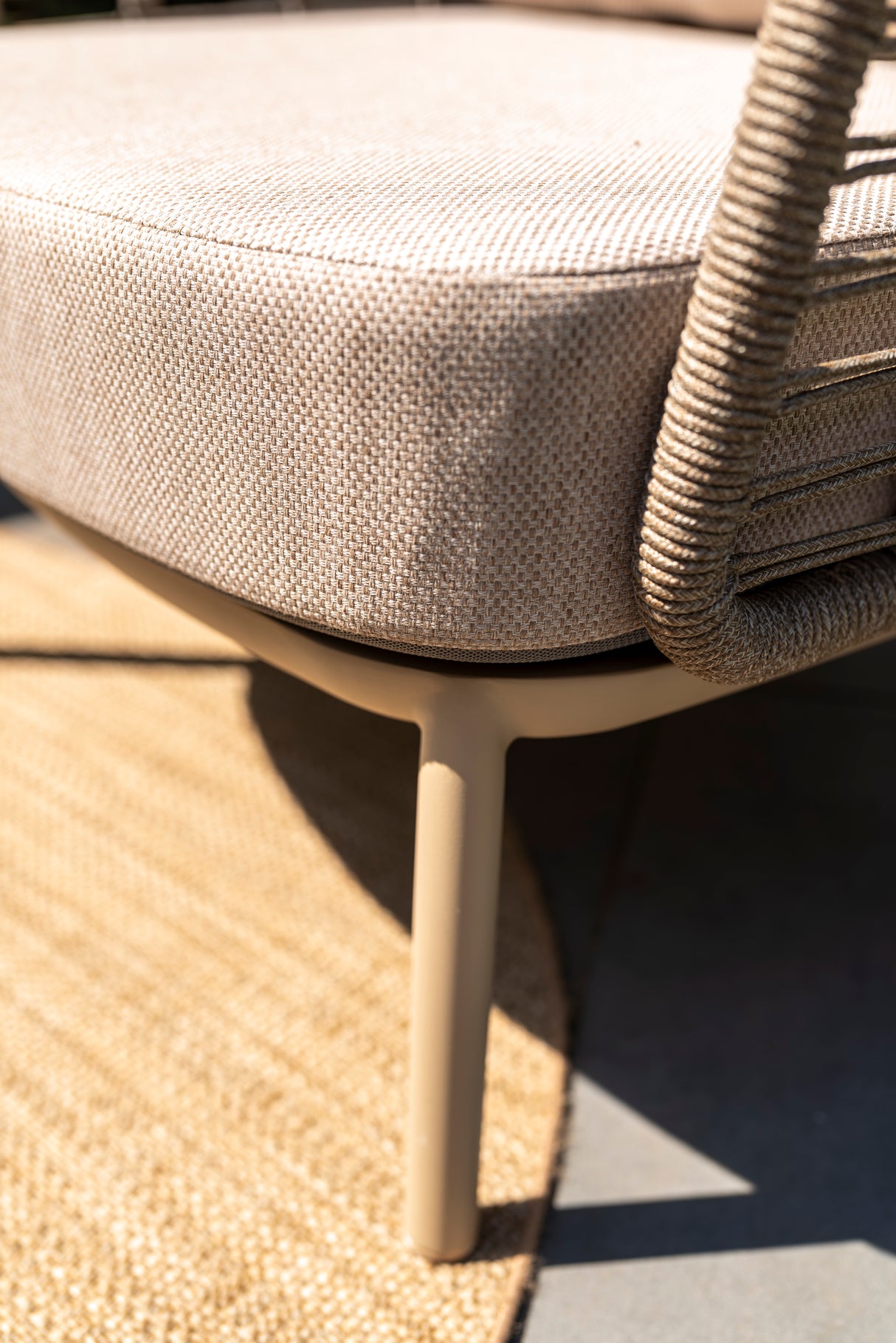 4 Seasons Outdoor Puglia Lounge LUX Set in Latte featuring a 3-seater sofa, chairs, footstool, and tables.