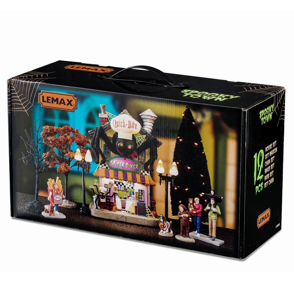 Lemax Spooky Town Quick Bite Spider Diner set featuring illuminated haunted restaurant with spooky spider decor and detailed facade.