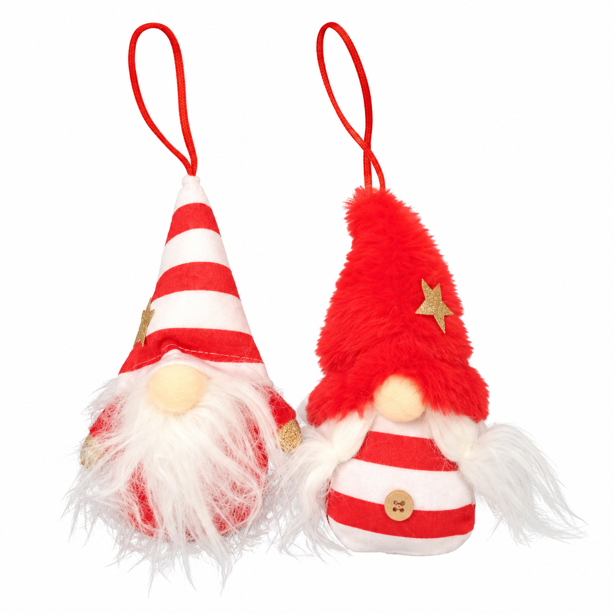 Red and white gnome Christmas tree decoration by Decoris featuring a festive gonk figure for holiday decor.