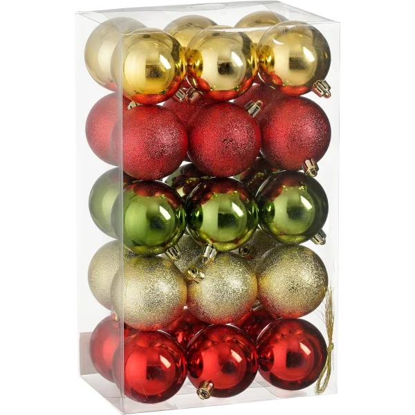 Shatterproof Christmas Baubles (Pack of 30, 6 cm) – Recycled Eco-Friendly Tree Ornaments | Gold, Red & Green Shiny & Glitter Finishes
