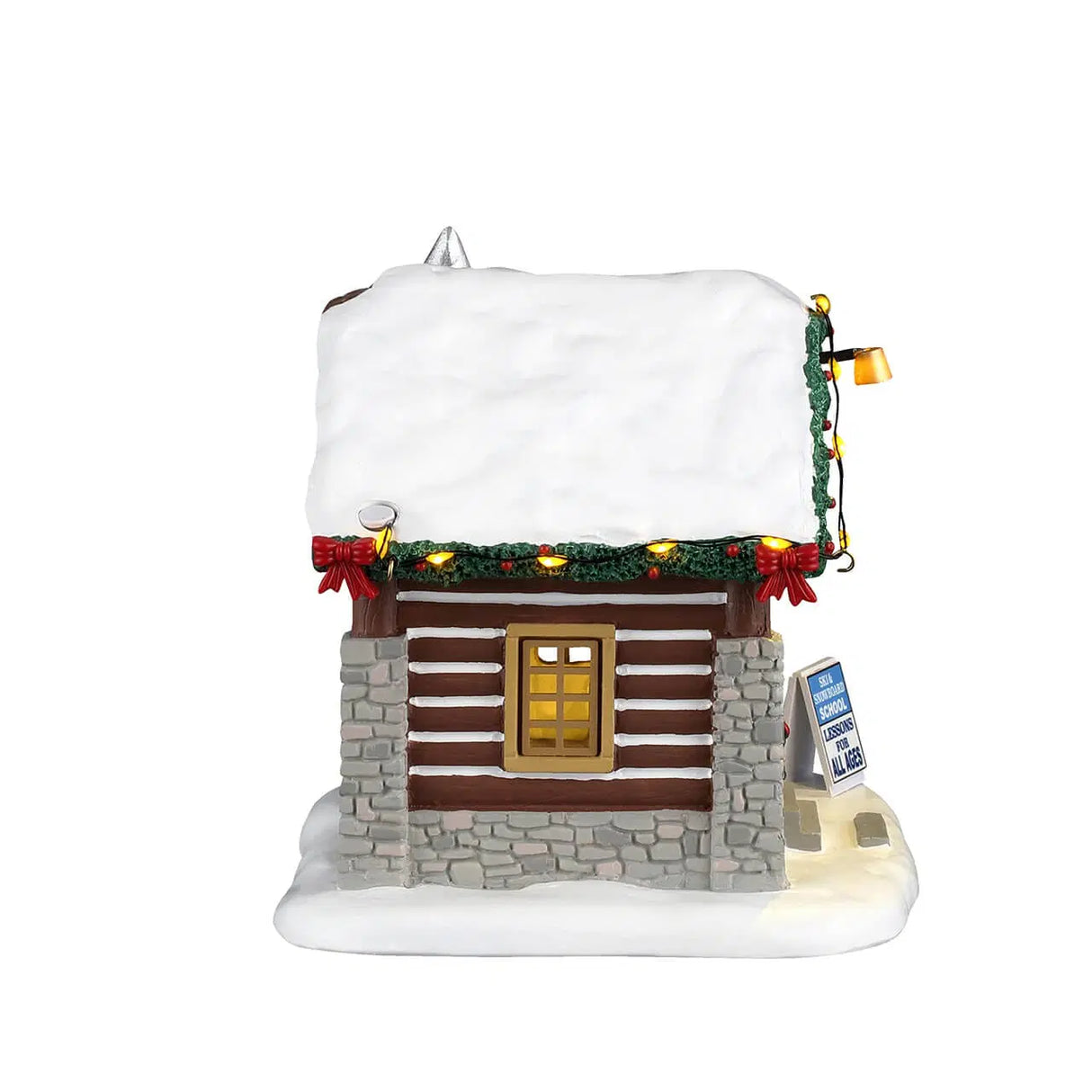 Lemax Ski and Snowboard School table accent from Christmas village collection, detailed miniature snowy mountain scene.
