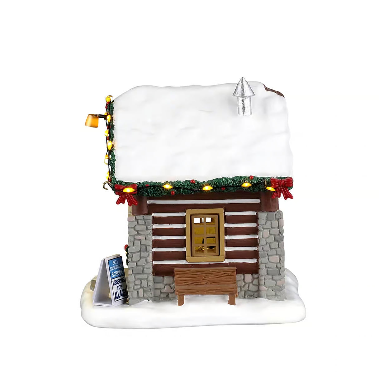 Lemax Ski and Snowboard School Christmas village table accent with miniature skiers and snowboarders in winter scene.