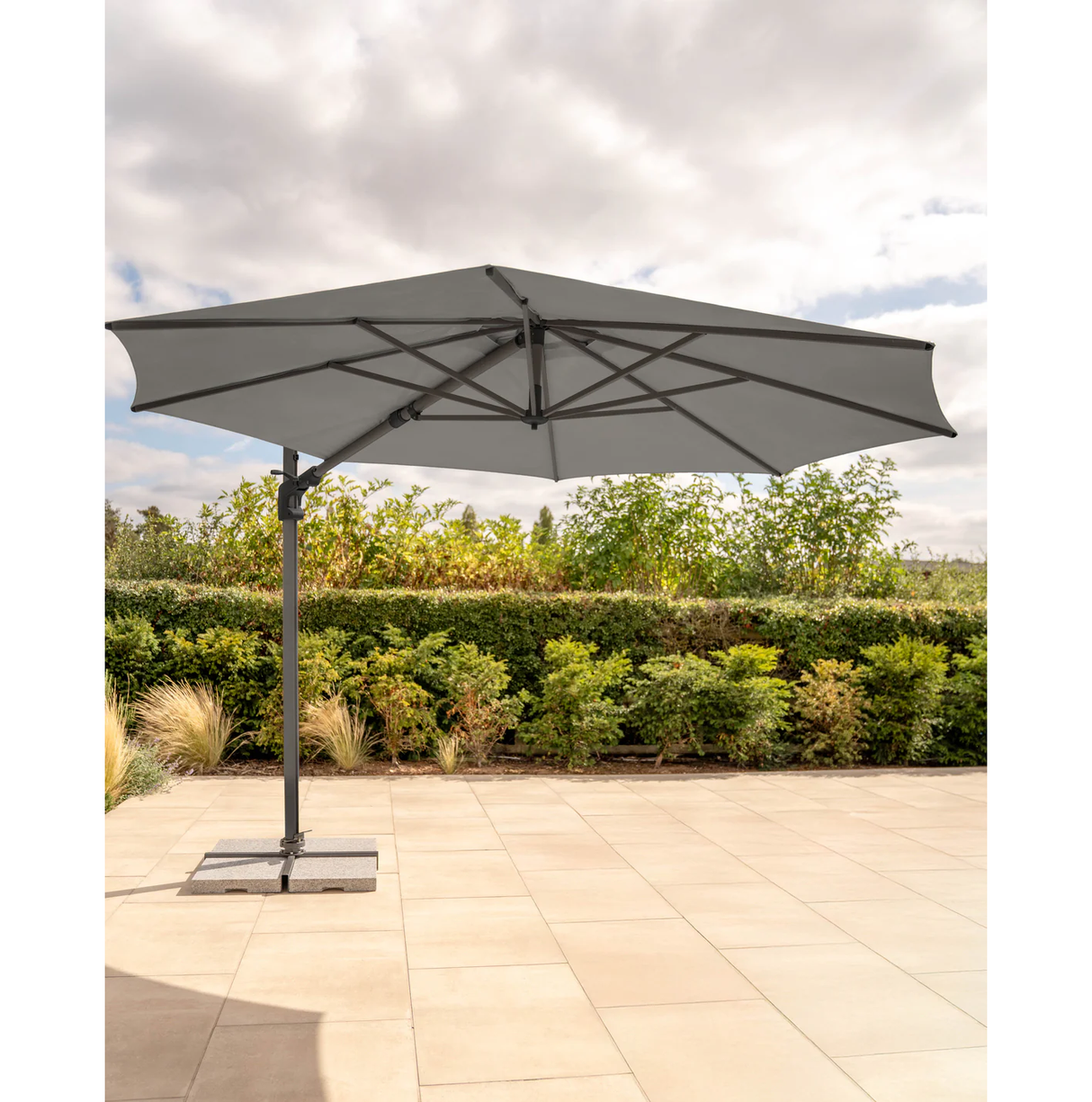Kettler Luna 3m round cantilever parasol with slate canopy, granite base, and night cover, outdoor furniture for shade.