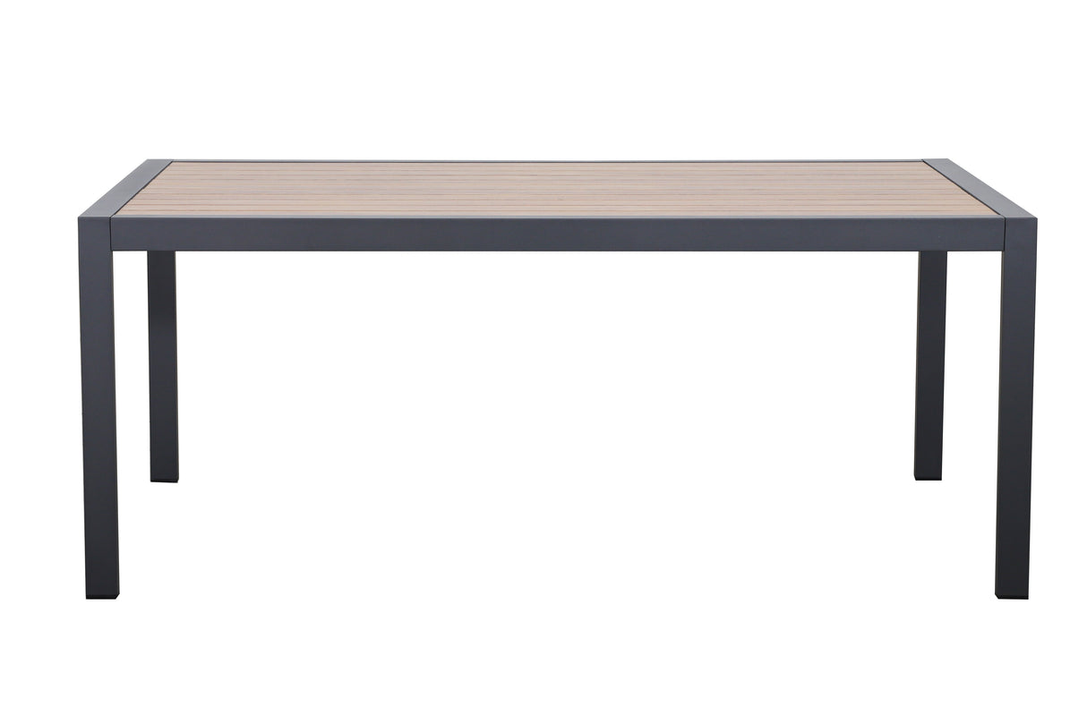 Hartman Sonas 6-seat rectangular aluminum dining table with matching chairs, ideal for outdoor garden dining setups.