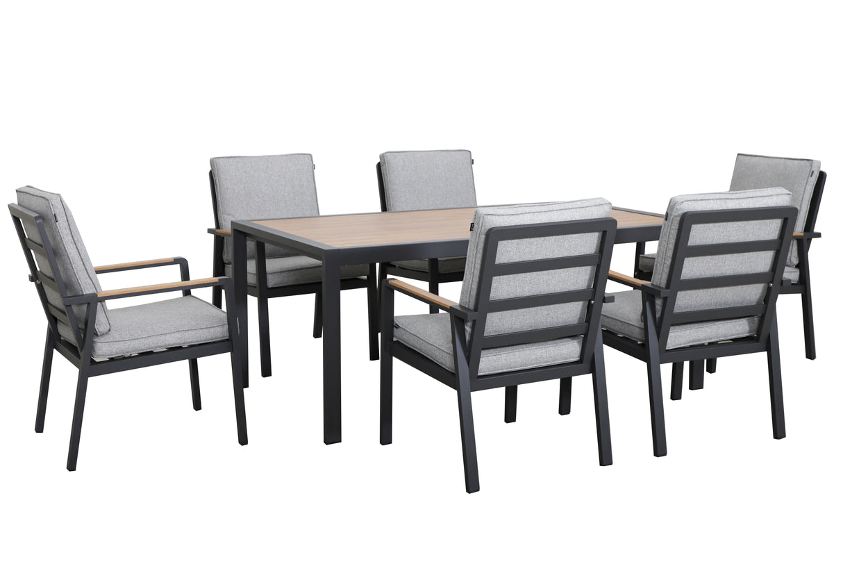Hartman Sonas 6-seat rectangular aluminum dining set with matching chairs for outdoor garden dining, modern metal furniture.