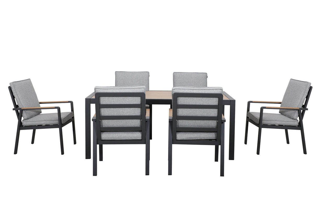 Hartman Sonas 6-seat rectangular dining set with aluminium frame and wooden tabletop, outdoor garden furniture for dining.
