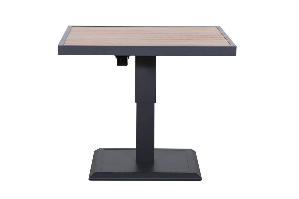 Hartman Sonas square aluminum dining set with adjustable table, featuring a modern casual outdoor furniture design.