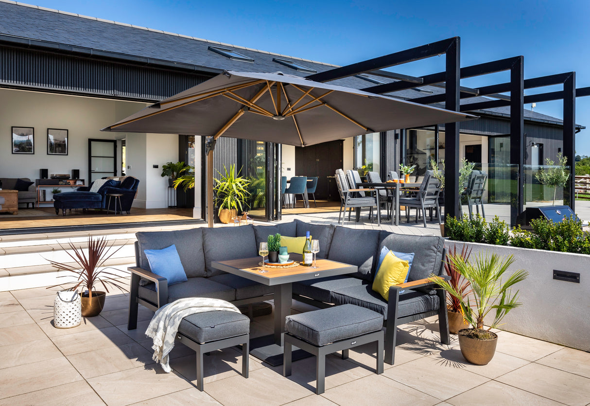 Hartman Sonas square casual dining set with aluminium frame, grey cushions, and adjustable table for outdoor garden furniture.