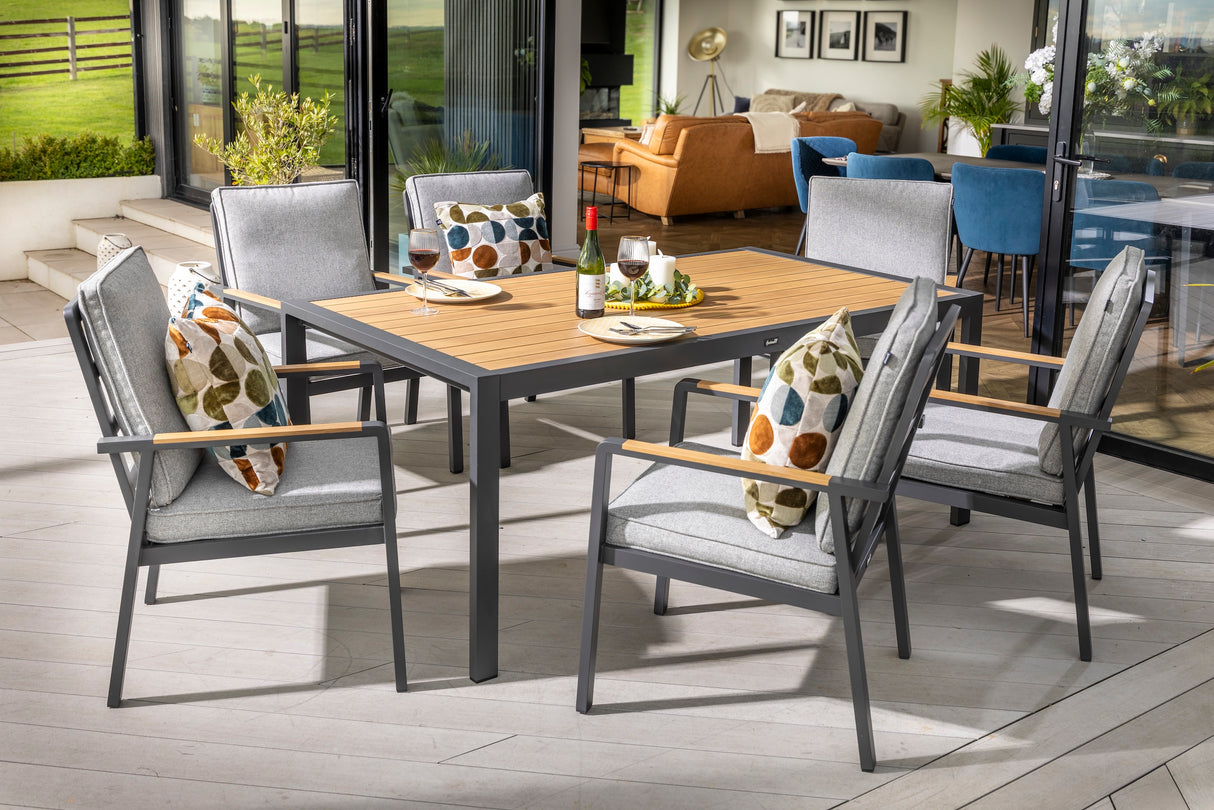 Hartman Sonas 6-seat rectangular aluminum garden dining set with matching chairs and table, designed for outdoor dining and entertaining.