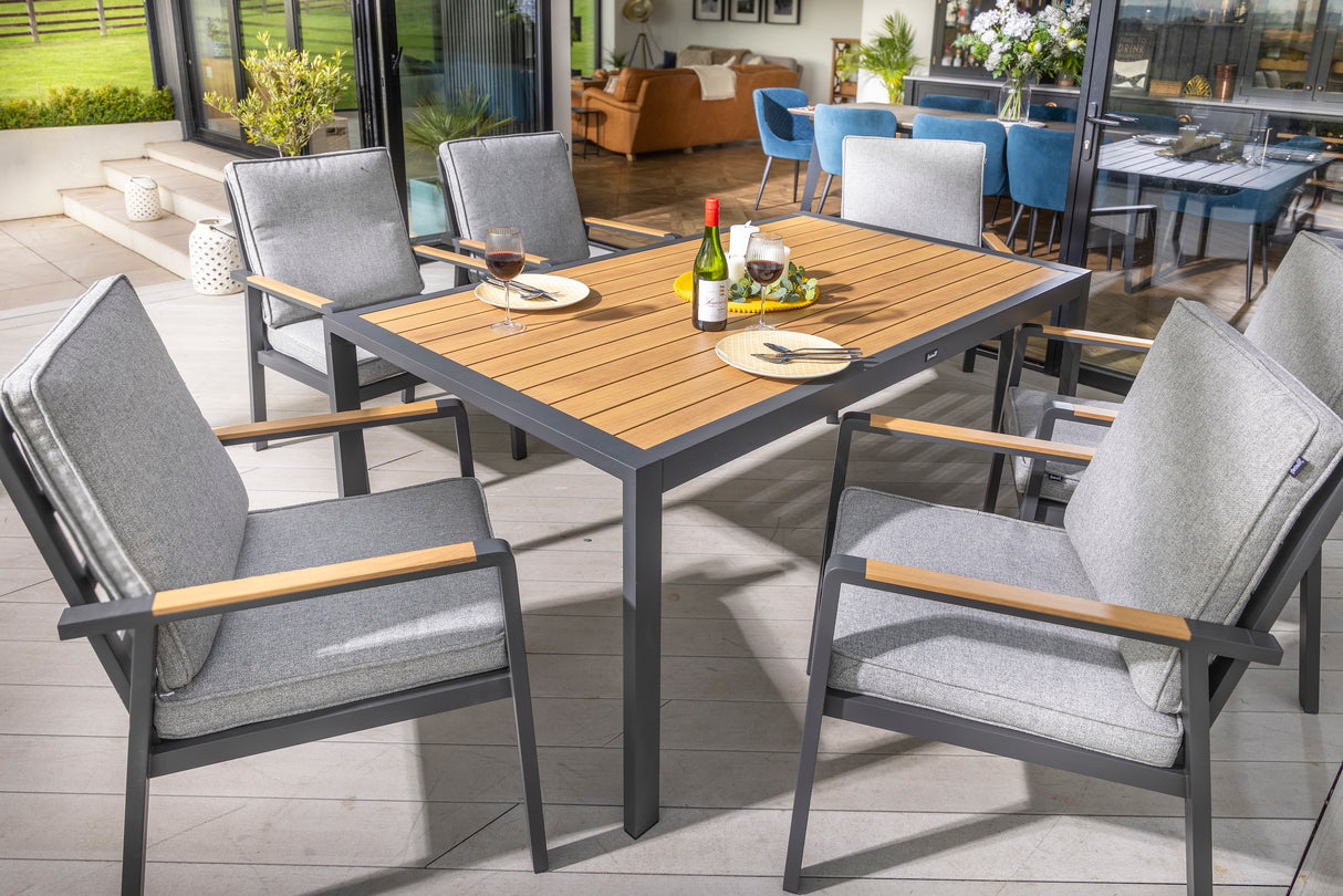 Hartman Sonas 6-seat rectangular aluminium dining set with matching chairs and table, ideal for outdoor garden dining.