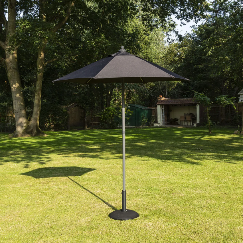 Black 2m Sturdi Plus aluminium parasol by Glencrest Seatex Ltd, wind-up outdoor furniture umbrella for shade and sun protection.