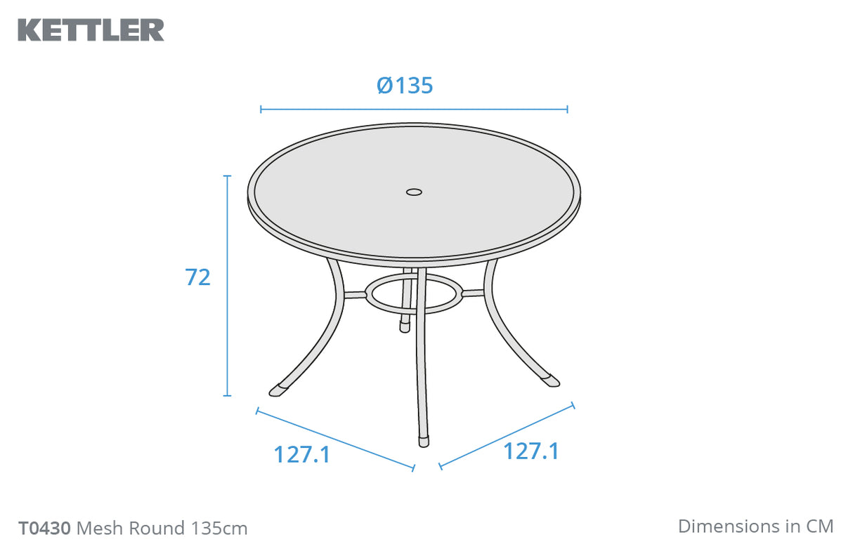 Kettler 6-seater round mesh top outdoor table in iron grey with 135cm diameter, made of metal for garden seating.