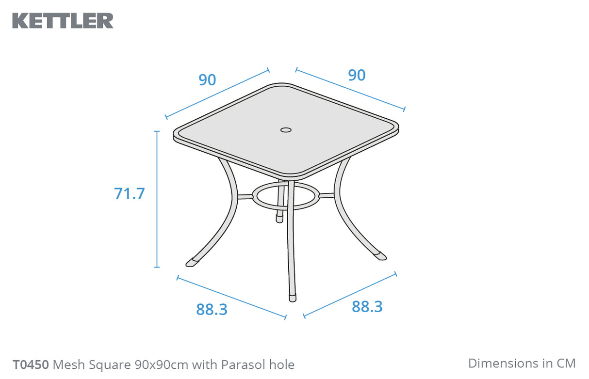 Kettler 4-Seater Square Mesh Top Table, Iron Grey 90cm - Mill Race Garden Centre