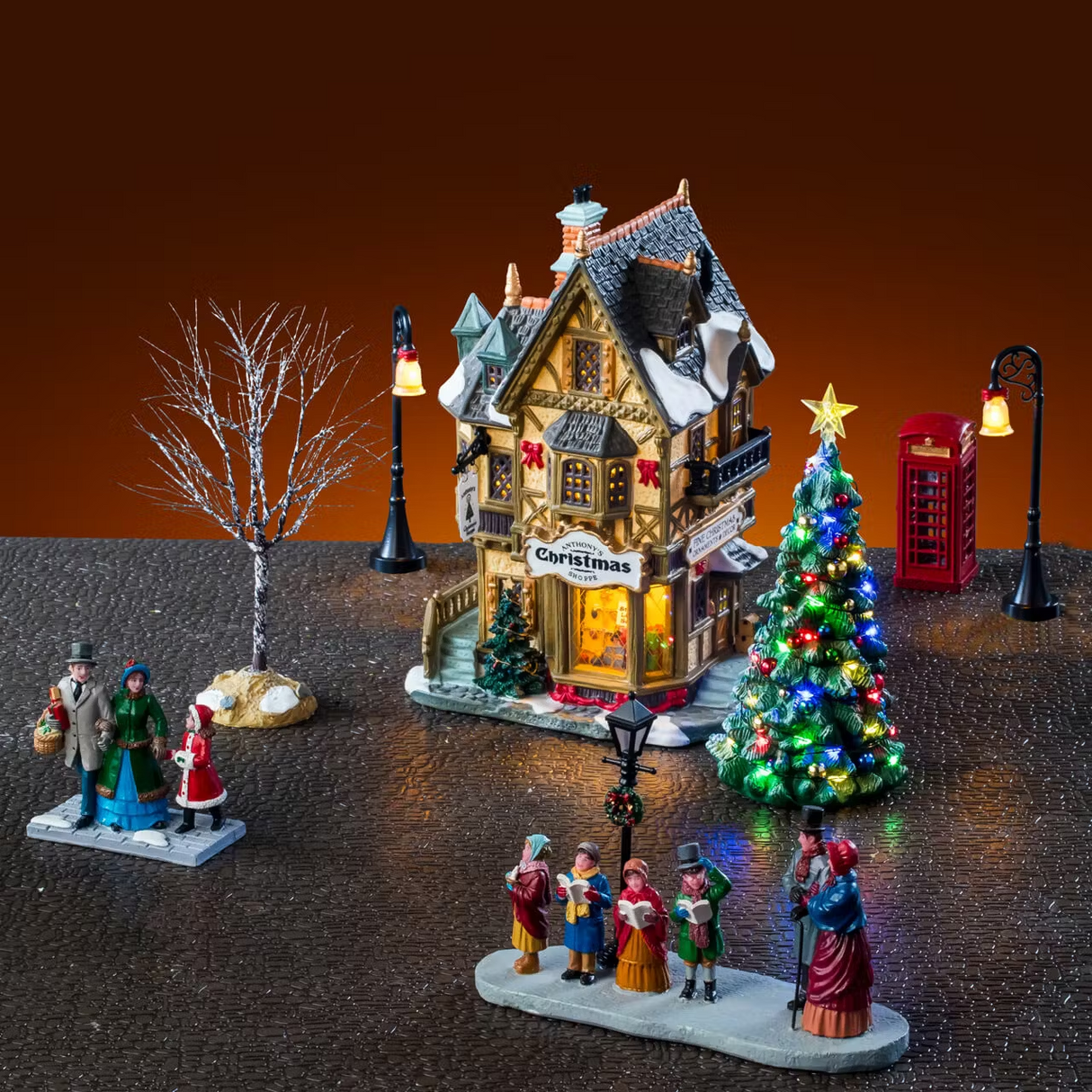 Lemax Tannenbaum Christmas Shoppe set with white house and adaptor, part of Lemax Christmas Village House Sets collection