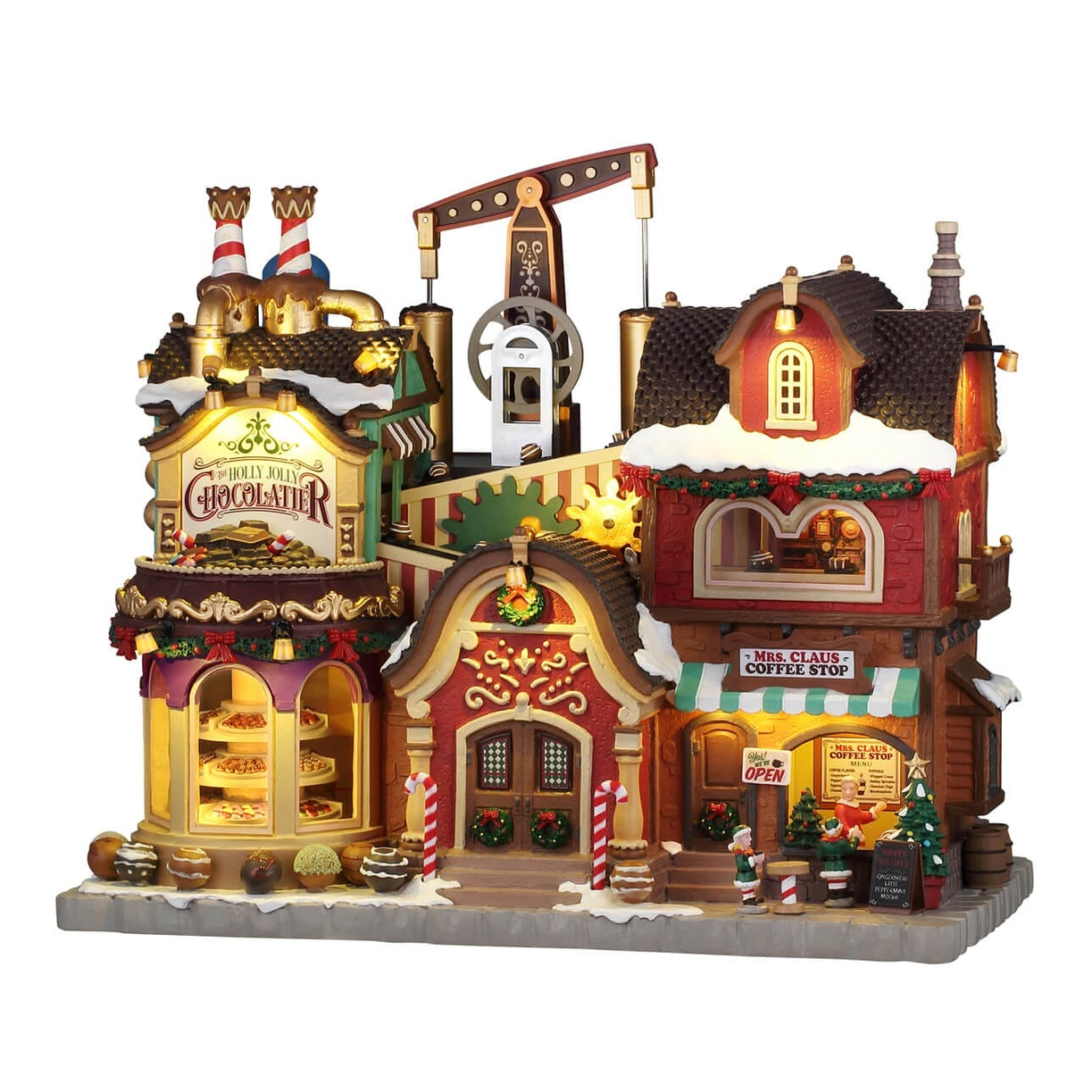 The Holly Jolly Chocolate Shop And Mrs Claus Coffee Shop With 4.5v Adaptor Lemax Christmas Village Sights and Sounds