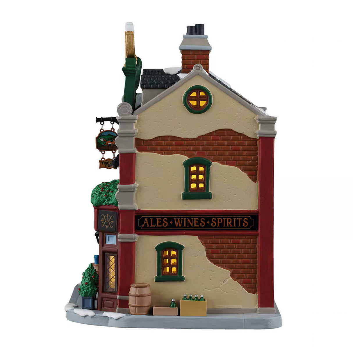 Lemax Trottin' Fox illuminated Christmas village building with festive holiday details and warm interior lighting