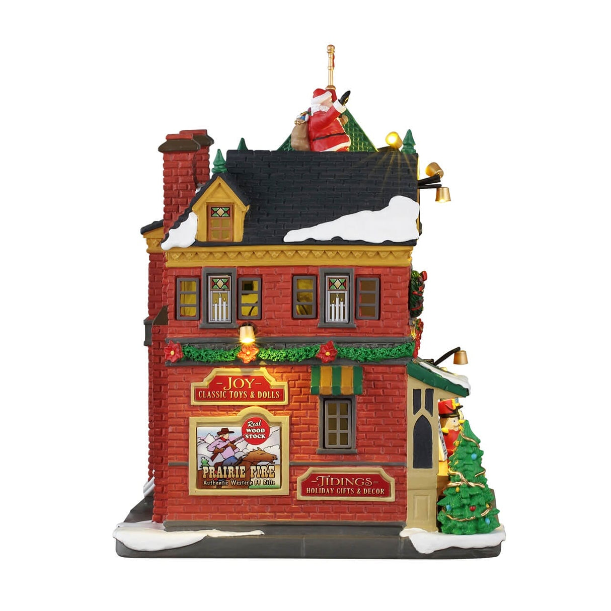 Lemax Tidings And Joy B/O illuminated Christmas village building with festive holiday decorations and glowing windows.