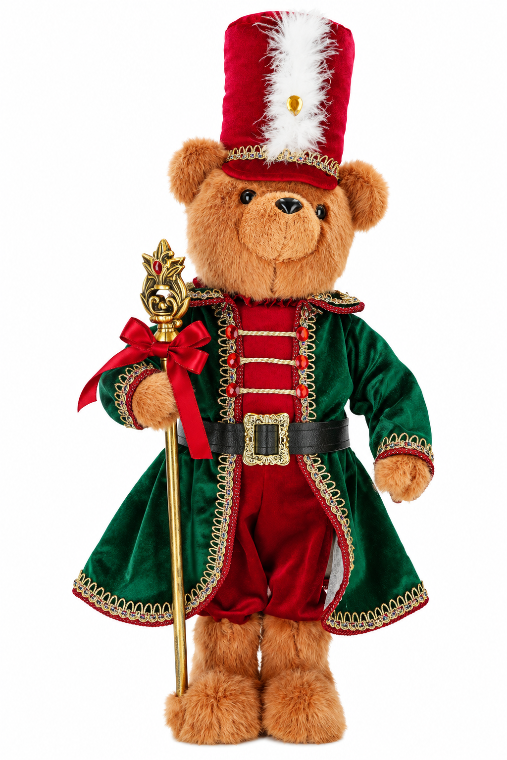 Nutcracker Teddy Bear Christmas Standing Decoration (60 cm) – Plush Bear in Red & Forest Green Velvet Uniform with Gold Staff & Feathered Hat
