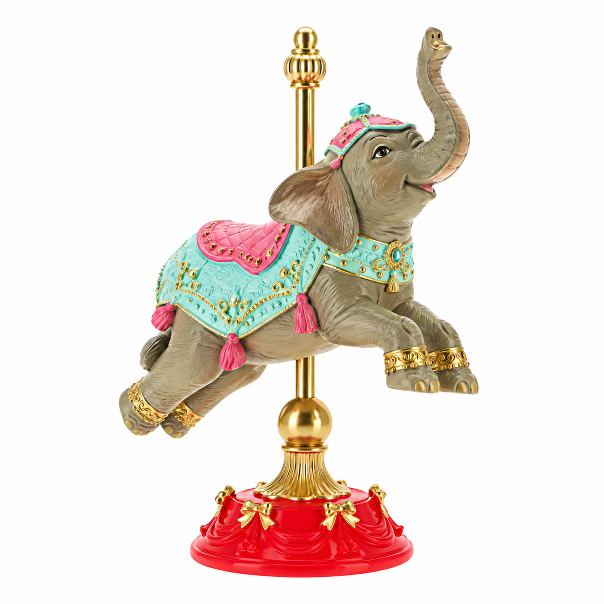 TimStor Carousel Elephant Standing Christmas Decoration (22.5 cm) – Fairground Elephant with Raised Trunk in Turquoise & Pink Saddle on Gold Pole & Red Base