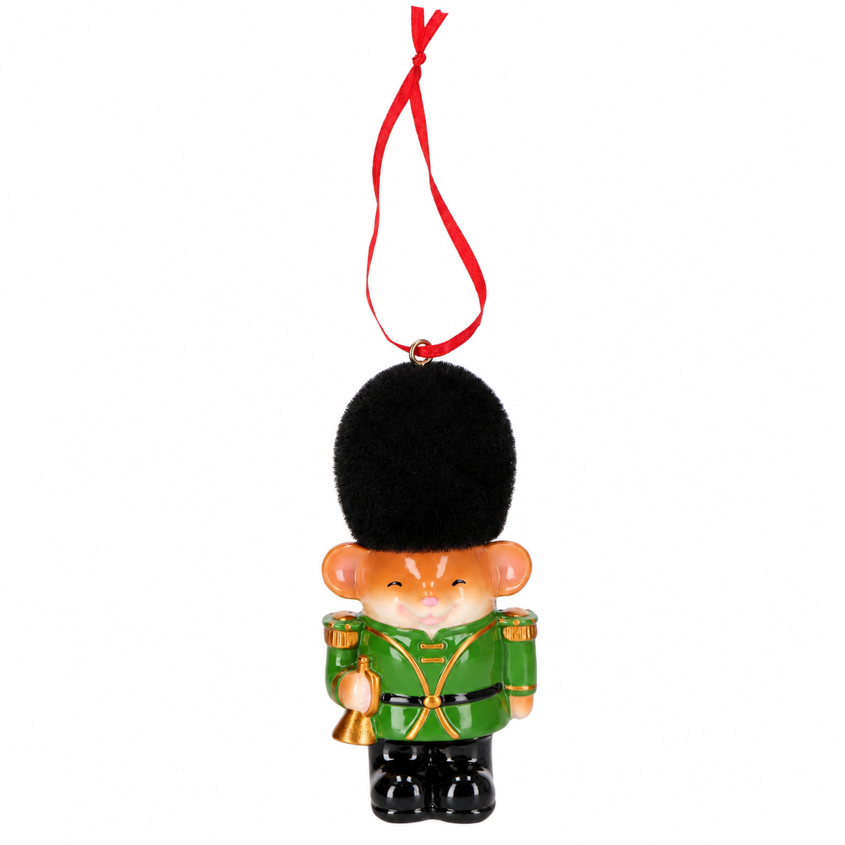 TimStor Christmas Mouse Soldier Polyresin Tree Hanging Ornament (11 cm) – Guard Mouse in Green Uniform with Tall Black Hat & Gold Bell