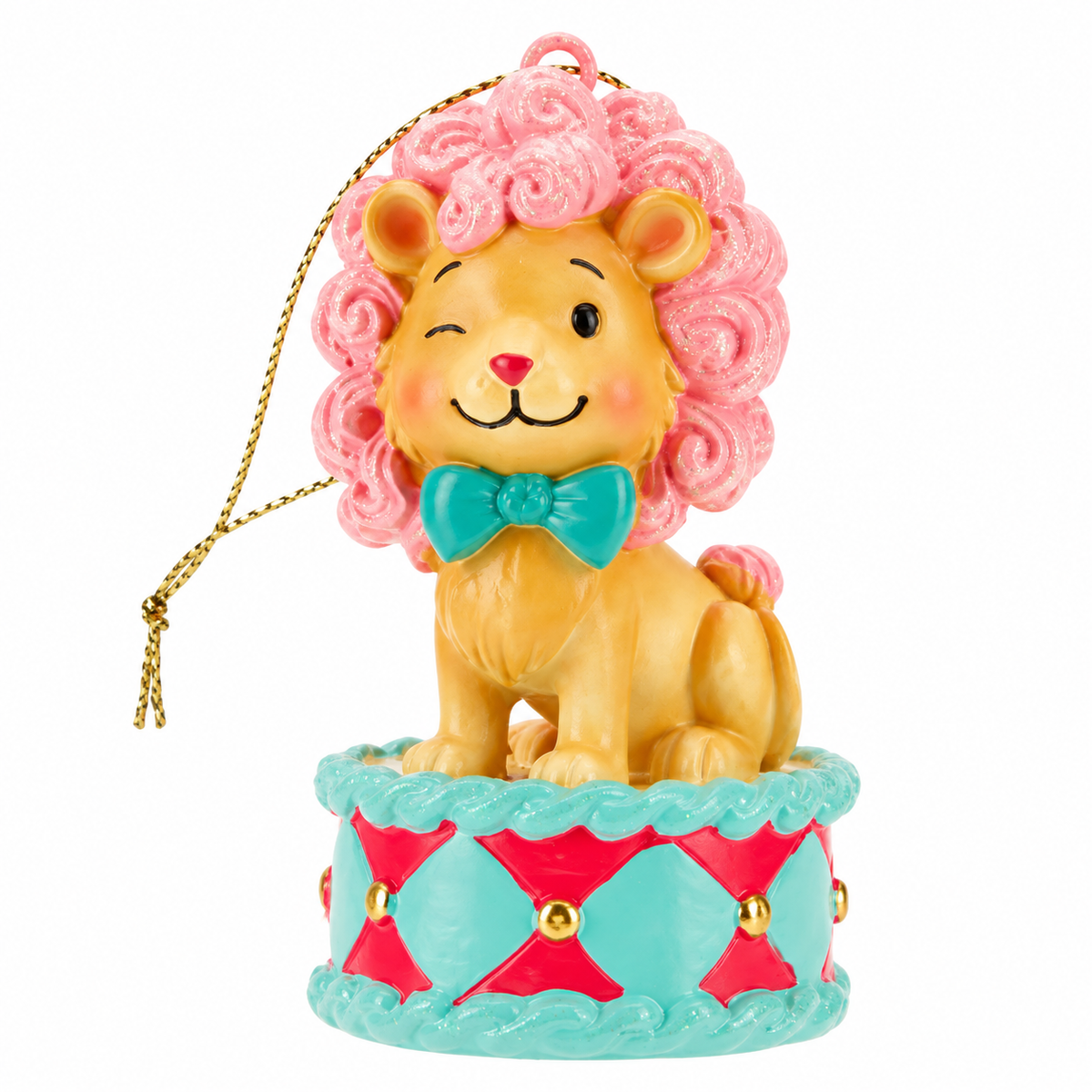 TimStor Pastel Circus Lion Polyresin Tree Hanging Ornament (9.5 cm) – Winking Lion in Pink Curly Mane & Mint Bow Tie Sitting on Diamond Circus Drum
