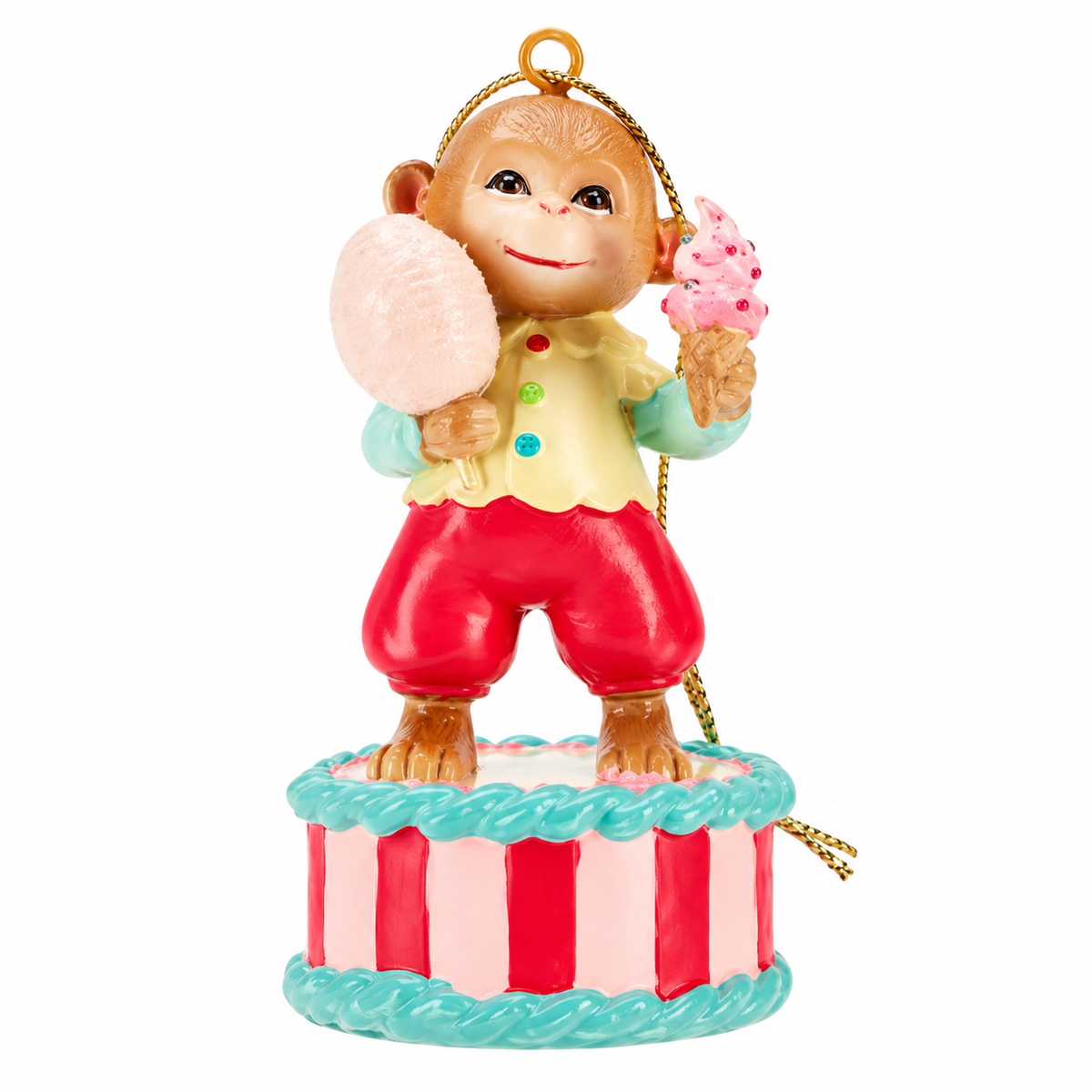 TimStor Pastel Circus Monkey Polyresin Tree Hanging Ornament (9.5 cm) – Cheerful Monkey in Yellow & Mint Top Holding Pink Candyfloss & Ice Cream Cone