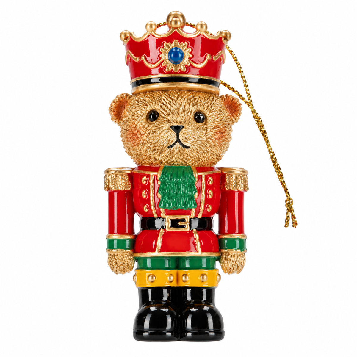 TimStor Royal Nutcracker Bear Polyresin Tree Hanging Ornament (9 cm) – Royal Bear in Red Military Jacket with Green Cravat & Blue Jewel Crown