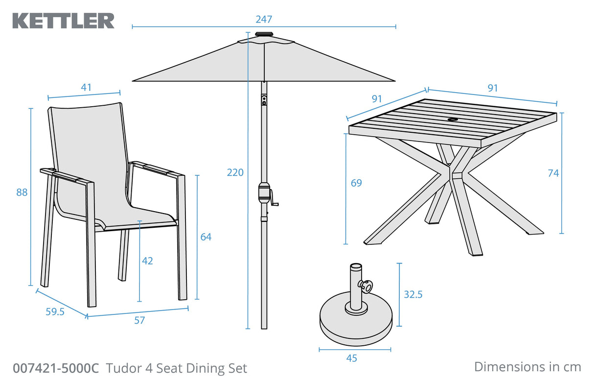 Kettler Tudor 4-seat metal dining set with matching parasol and base, includes table and chairs for outdoor dining.