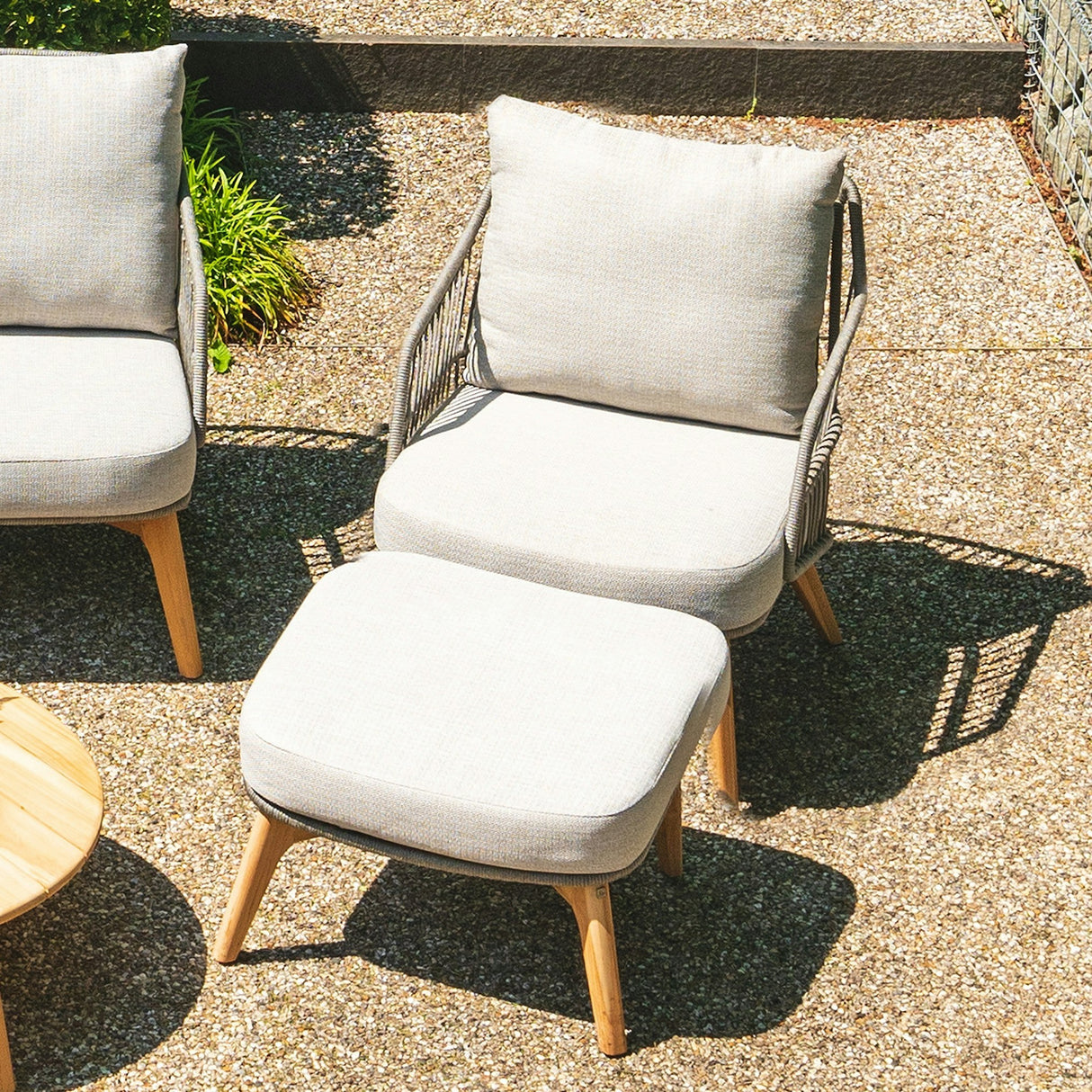 4 Seasons Outdoor Ancora Lounge Set – 2 Armchairs, 2.5-Seater Sofa, Footstool & 90cm Round Teak Coffee Table - Mill Race Garden Centre