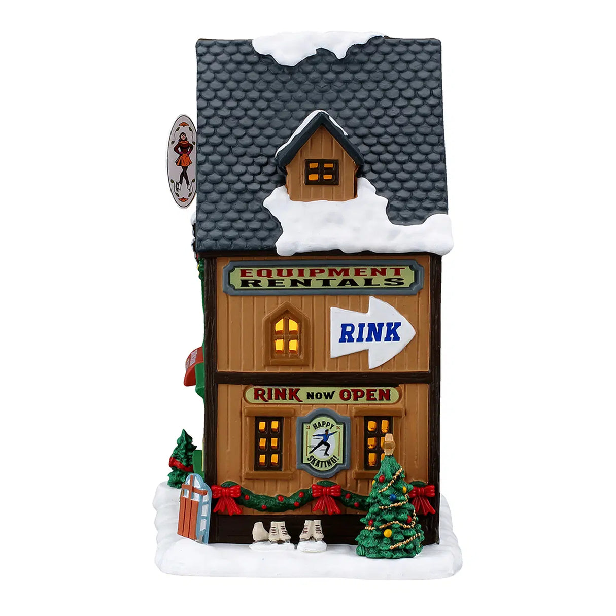 Lemax Winter Skate Shop illuminated building from Wally's Winter Skate Shop Christmas Village display, showcasing festive holiday decor.
