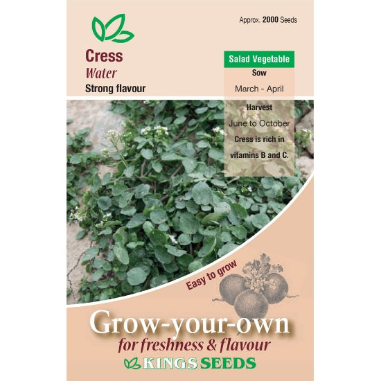 Fresh watercress plant by Kings Seeds, showcasing vibrant green leaves and delicate stems on a natural background.