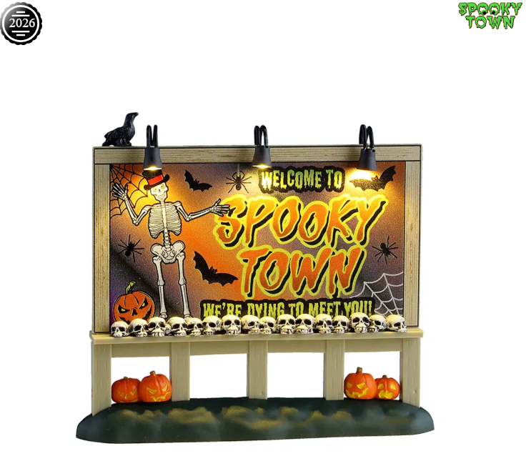 Lemax Spooky Town welcome sign with spooky town theme, featuring carved ghost and pumpkin designs on a wooden post.