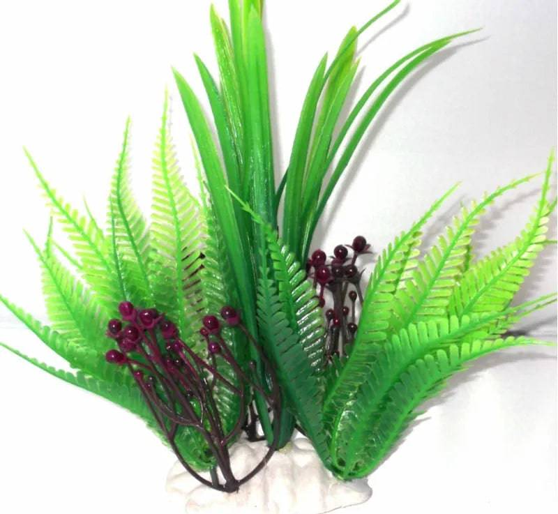 Plastic Green Fern and Purple Flowers Aquarium Ornament Decoration - Mill Race Garden Centre