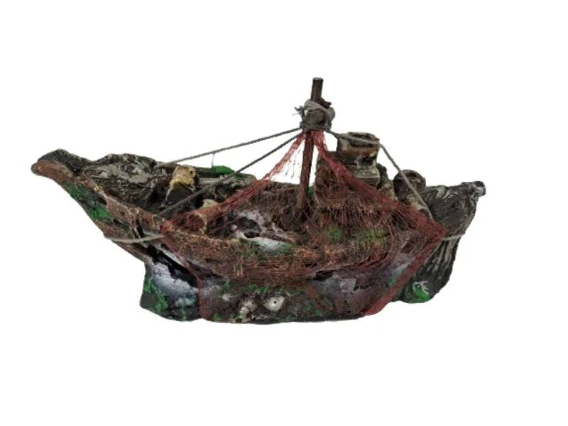Small Ship with Red Net Aquarium Ornament - Mill Race Garden Centre