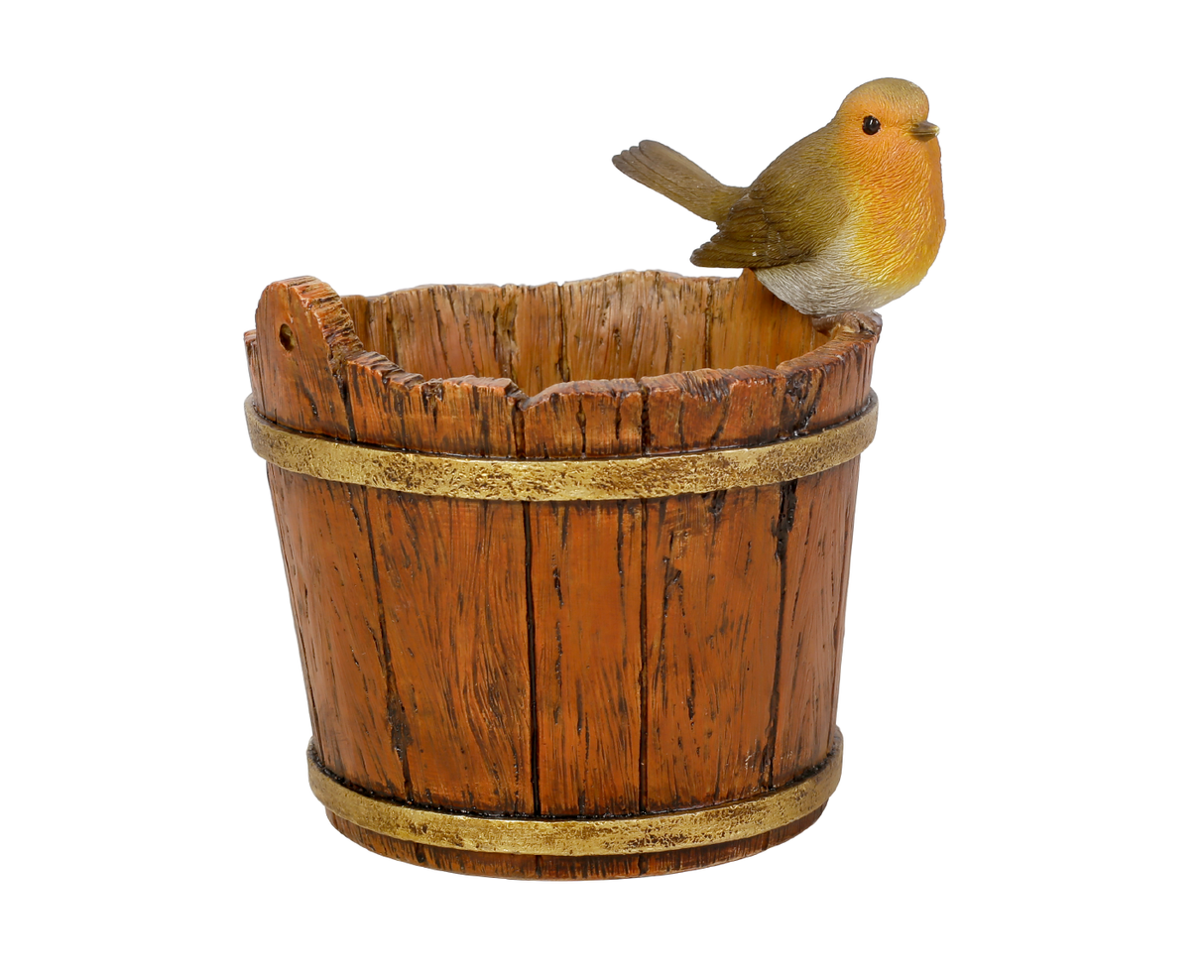 Ships Pail Planter With Robin Real Life Resin Ornaments by Vivid Arts - Mill Race Garden Centre