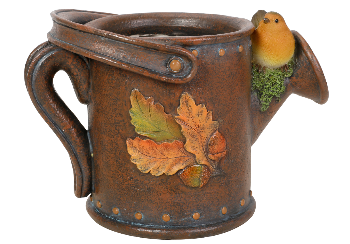 Robin Watering Can Planter Real Life Resin Ornament By Vivid Arts - Mill Race Garden Centre
