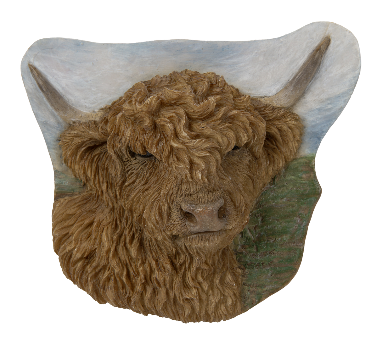 Vivid Arts Highland cattle resin ornament magnet featuring detailed Highland cow with horns and brown fur, ideal for outdoor decor.