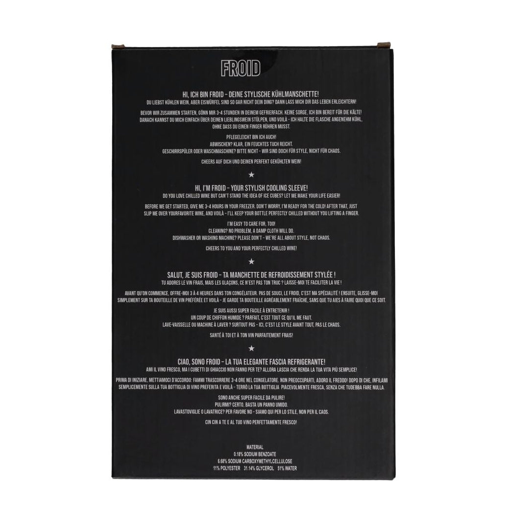 GiftCompany Froid Cooling Sleeve with winery slogan design, wine bottle cooler for keeping bottles chilled.