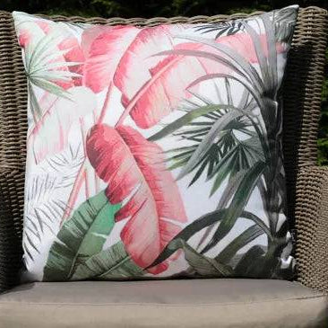 Pink botanical outdoor scatter cushion with tropical palm print, 45x45cm, showerproof and UV resistant from Glencrest Seatex Ltd.