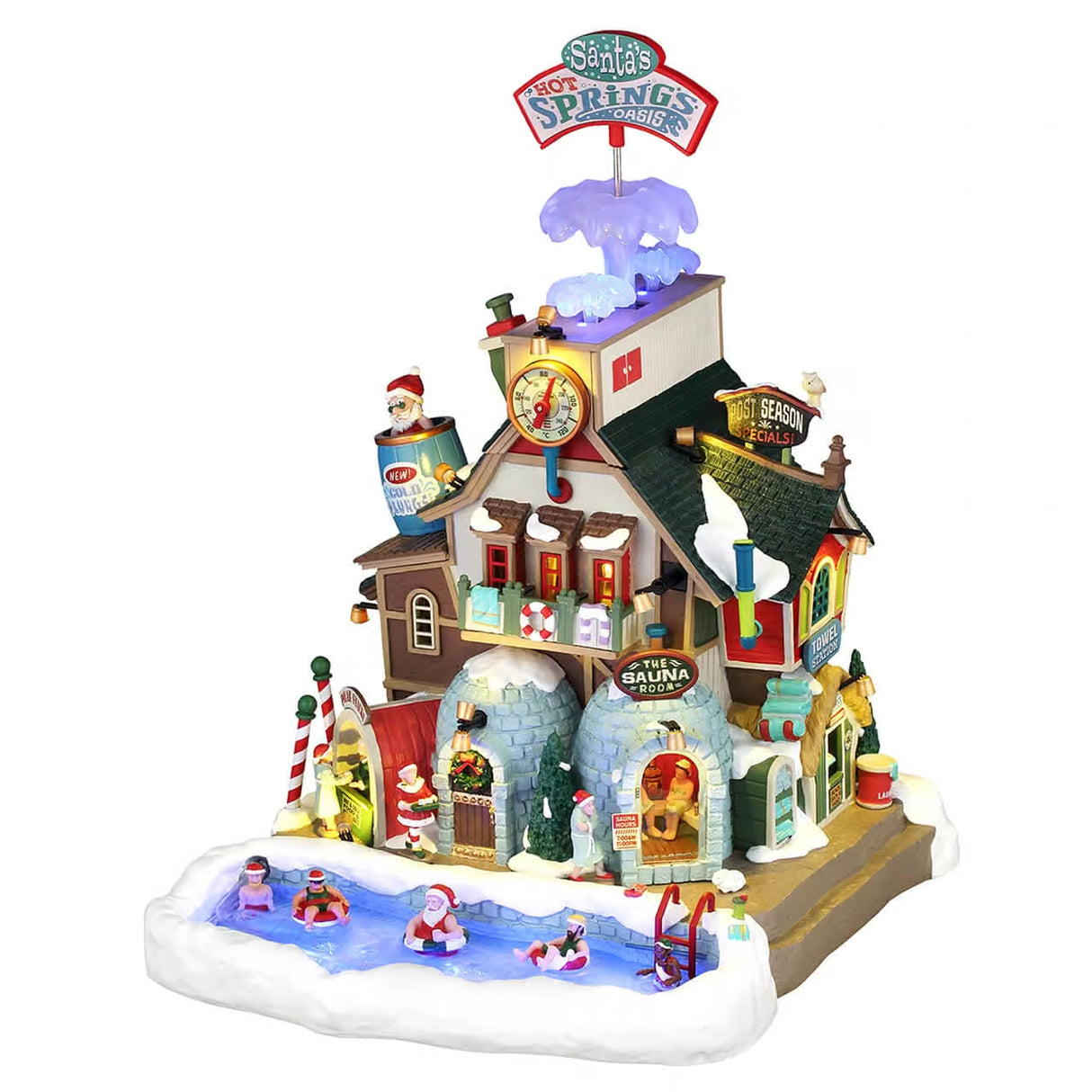 Lemax Santa's Hot Spring Oasis illuminated Christmas village building with 4.5V adaptor, showcasing a cozy hot springs scene.