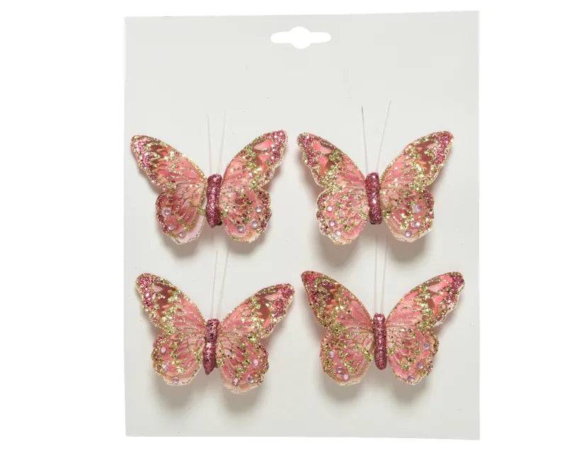 Fabric Butterfly on Clip Pink w/Glitter 4pk - Mill Race Garden Centre