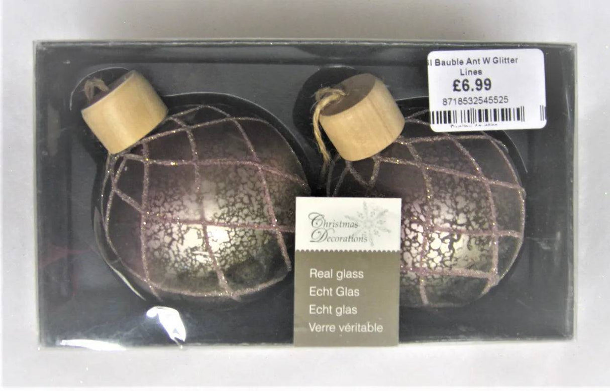 Glass Bauble with Antique Effect and Glitter Lines - Mill Race Garden Centre