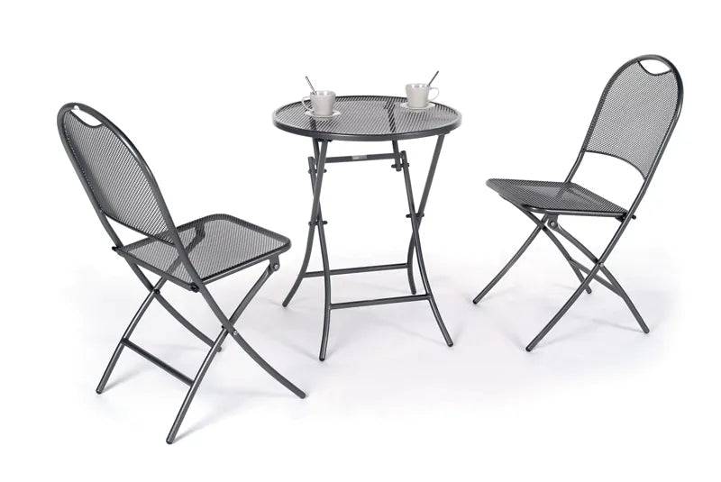 Kettler Cafe Roma Bistro Set in Iron Grey, outdoor metal bistro and companion furniture with mesh seats and table.