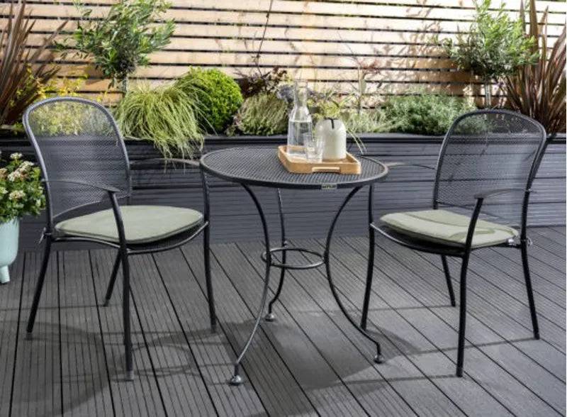 Kettler Caredo Bistro Set with 70cm metal table and mesh chairs, outdoor furniture for patio or garden dining.