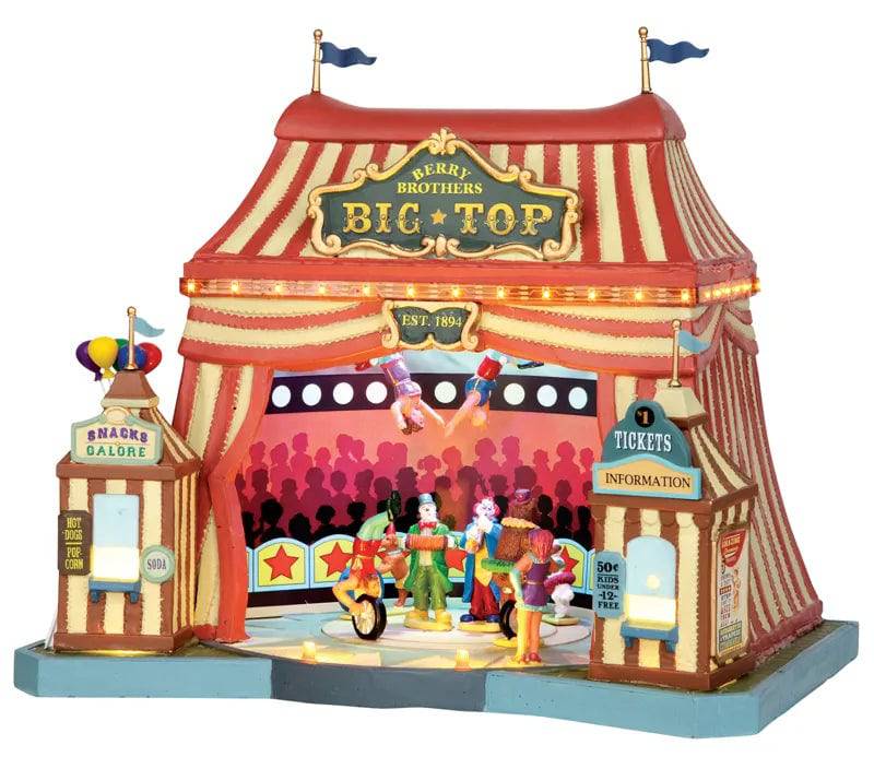 Lemax Sights & Sounds Berry Brothers Big Top Christmas Village display with festive lights and detailed holiday scene