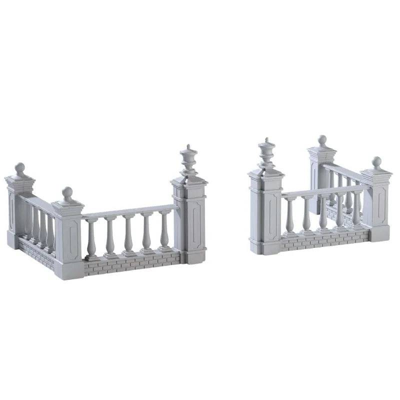Lemax Plaza Fence set of 4 Christmas village accessories with detailed miniature white picket fences for holiday display.